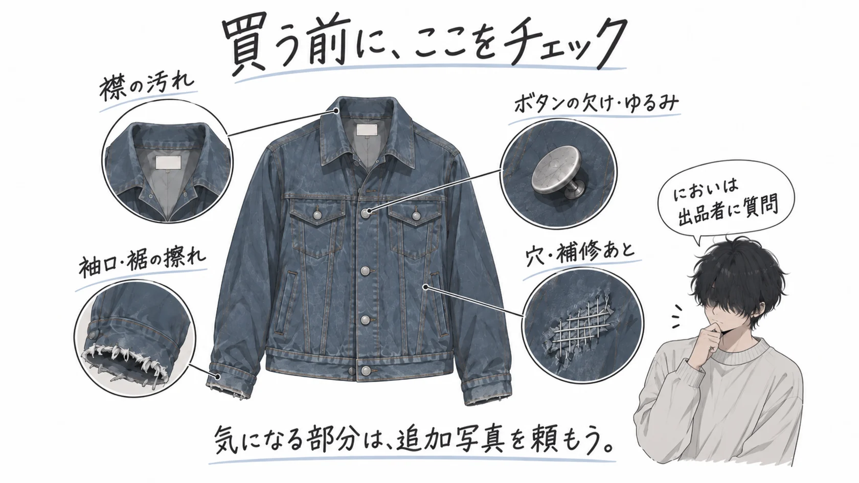 デニムジャケットの襟、袖口、裾、ボタン、リペア痕を確認するポイントを示す手描き図