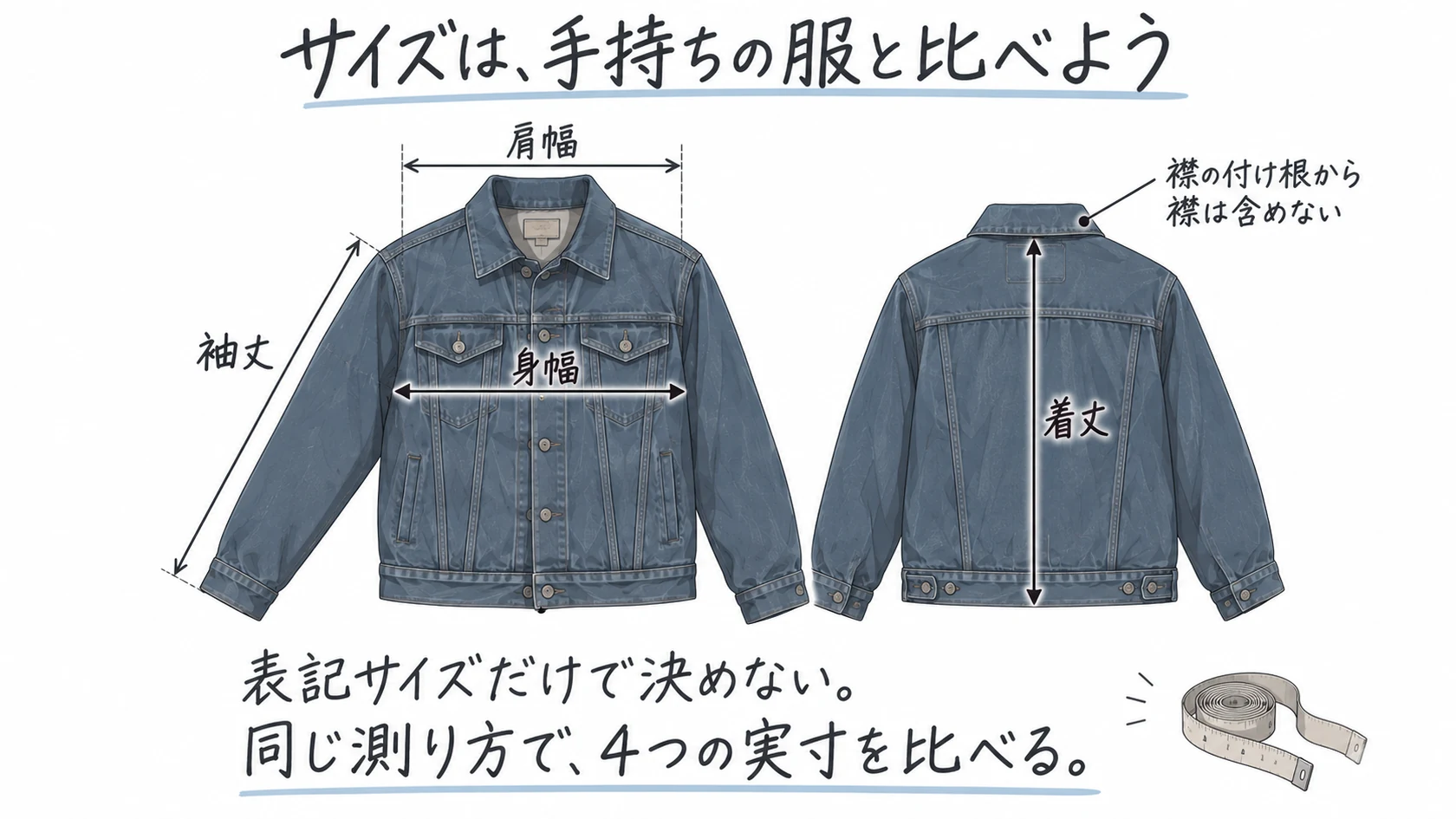 デニムジャケットの肩幅、身幅、着丈、袖丈の測り方を示す手描き図