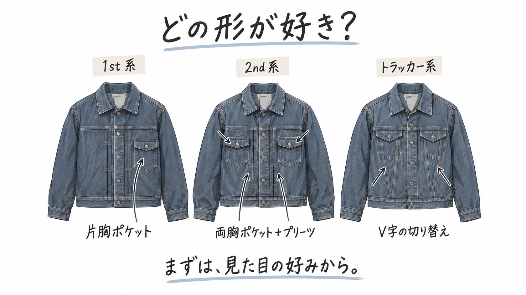 デニムジャケットの1st系、2nd系、トラッカー系の3タイプを並べた手描き図