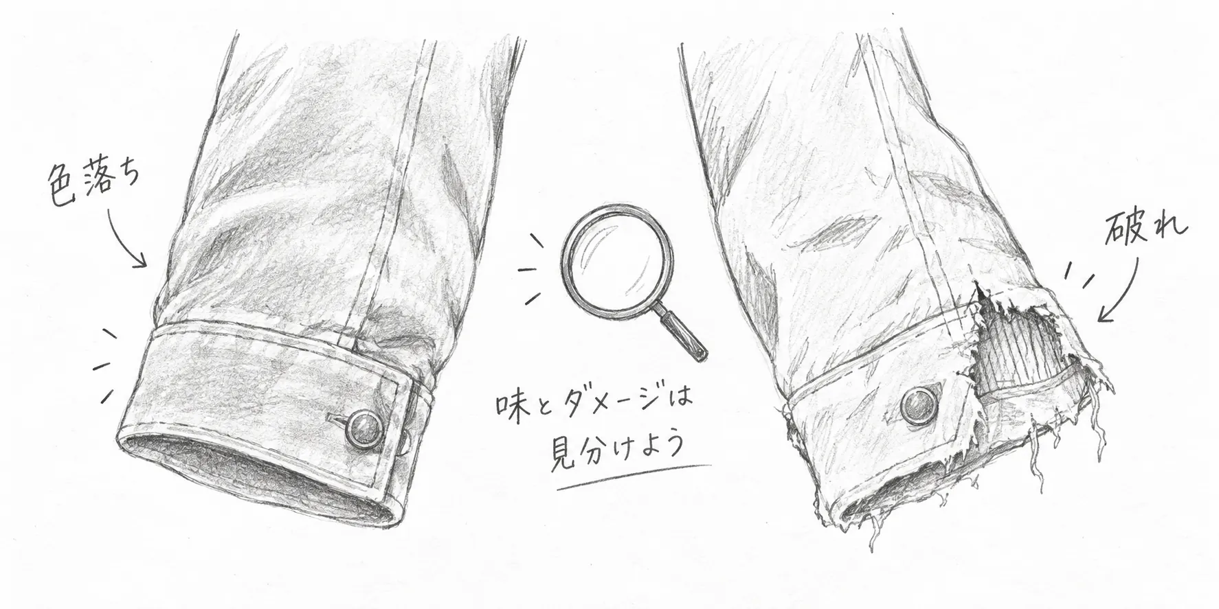 袖口の自然な色落ちと裏地が見える破れを比べる鉛筆画