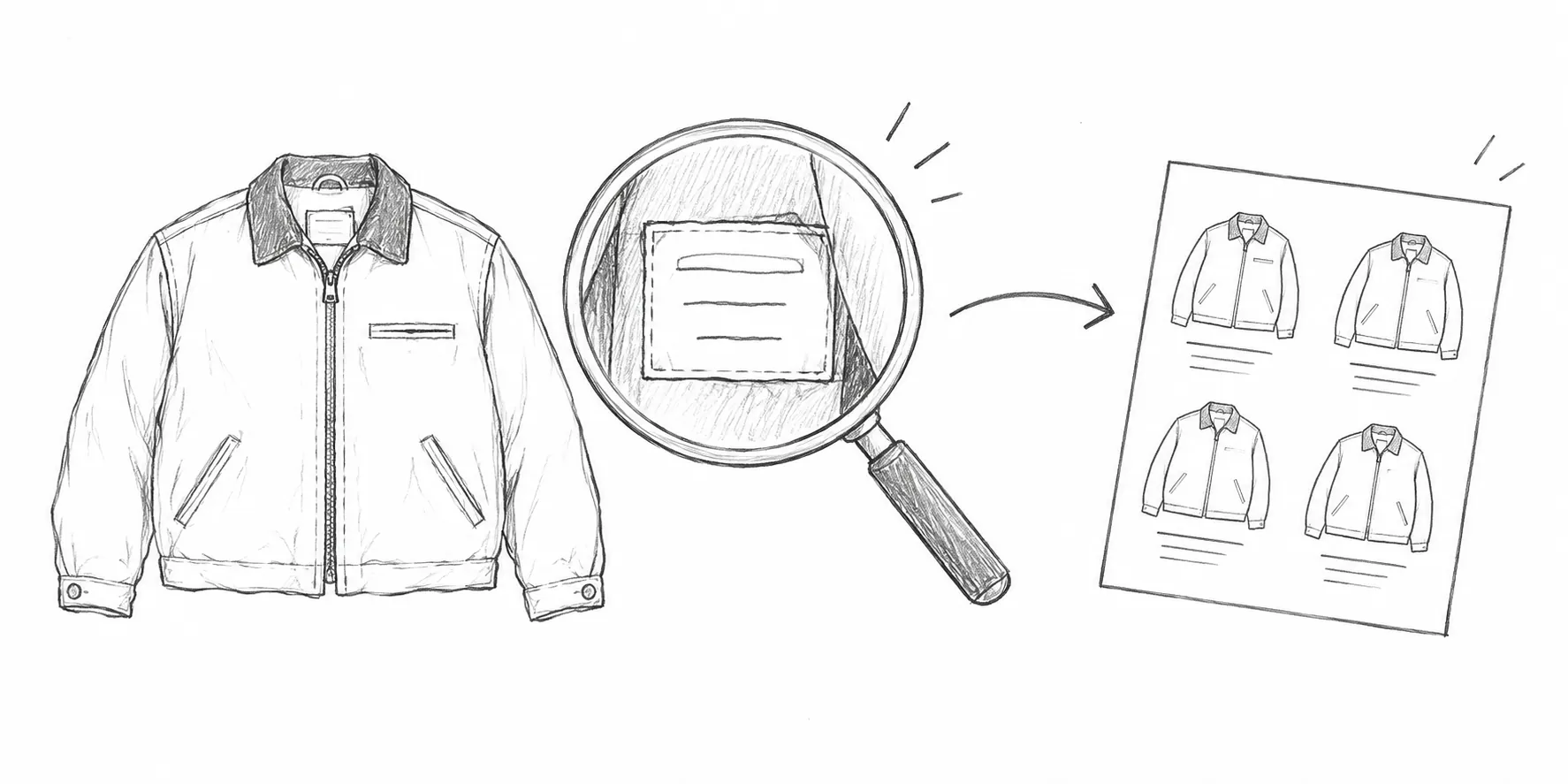 ジャケットの内タグを拡大し資料と照合する鉛筆画