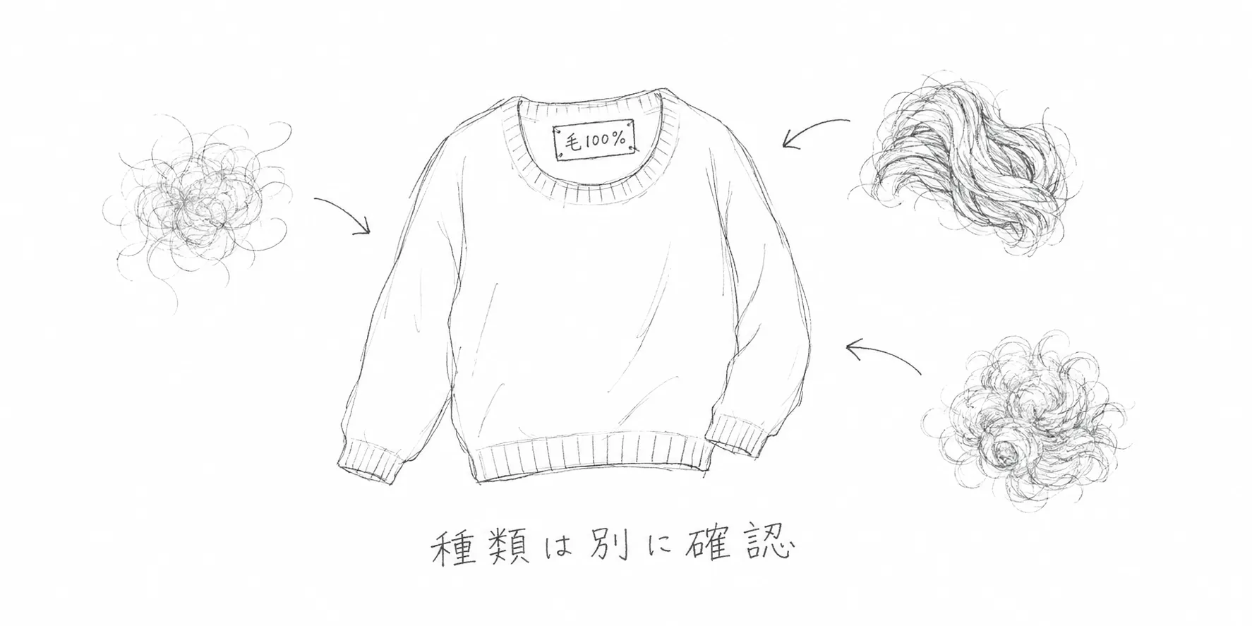 毛100%のタグだけでは繊維の種類までは特定できないことを示す鉛筆画
