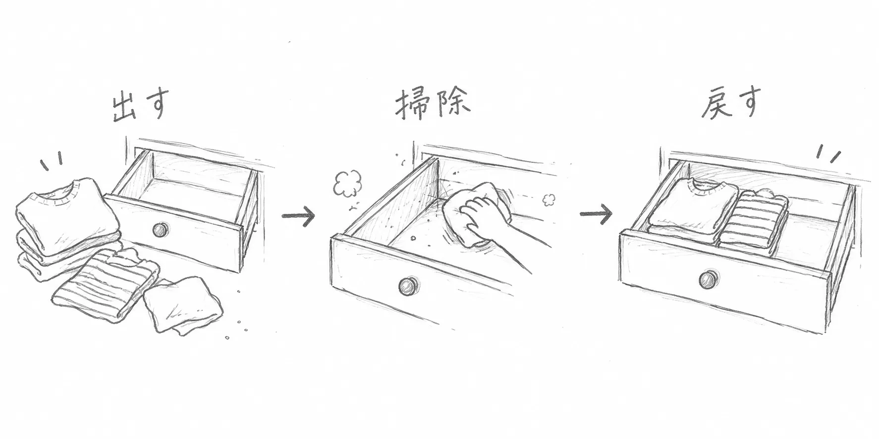 衣類を出し、収納を掃除してから戻す順番を示す鉛筆画