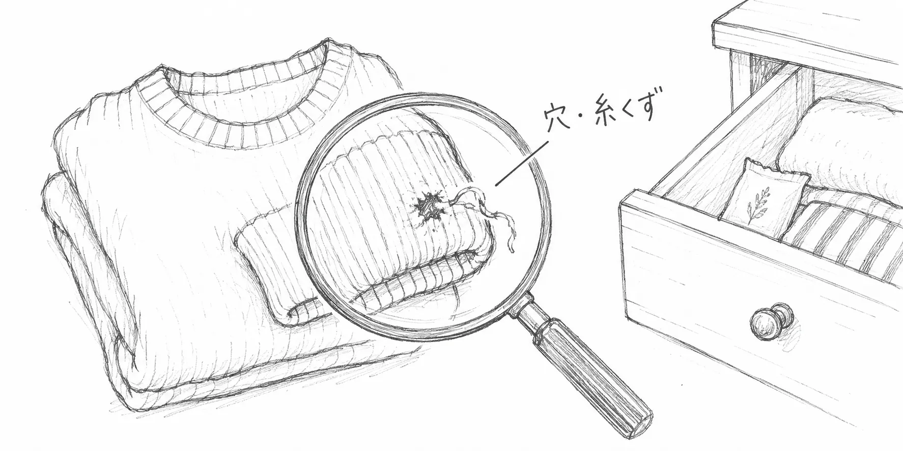 ニットの穴や糸くずと引き出しの隅を確認する鉛筆画