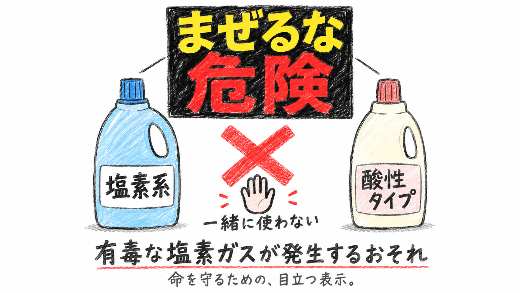 塩素系と酸性タイプの洗浄剤を一緒に使わないよう警告する『まぜるな危険』の図