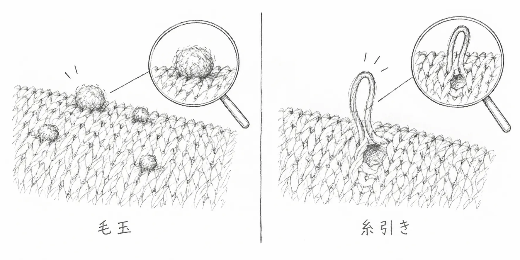 ニット表面の毛玉と、編み目から引き出された糸を比べる鉛筆画