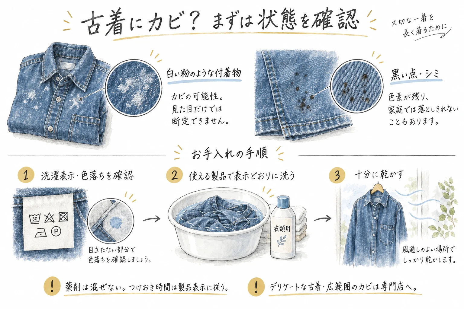 古着のカビの図解。白い粉のような付着物はカビの可能性があり見た目だけでは断定できない。黒い点やシミは色素が残り家庭では落としきれないことがある。手順は洗濯表示と色落ちの確認、表示どおりに洗う、十分に乾かすの3段階