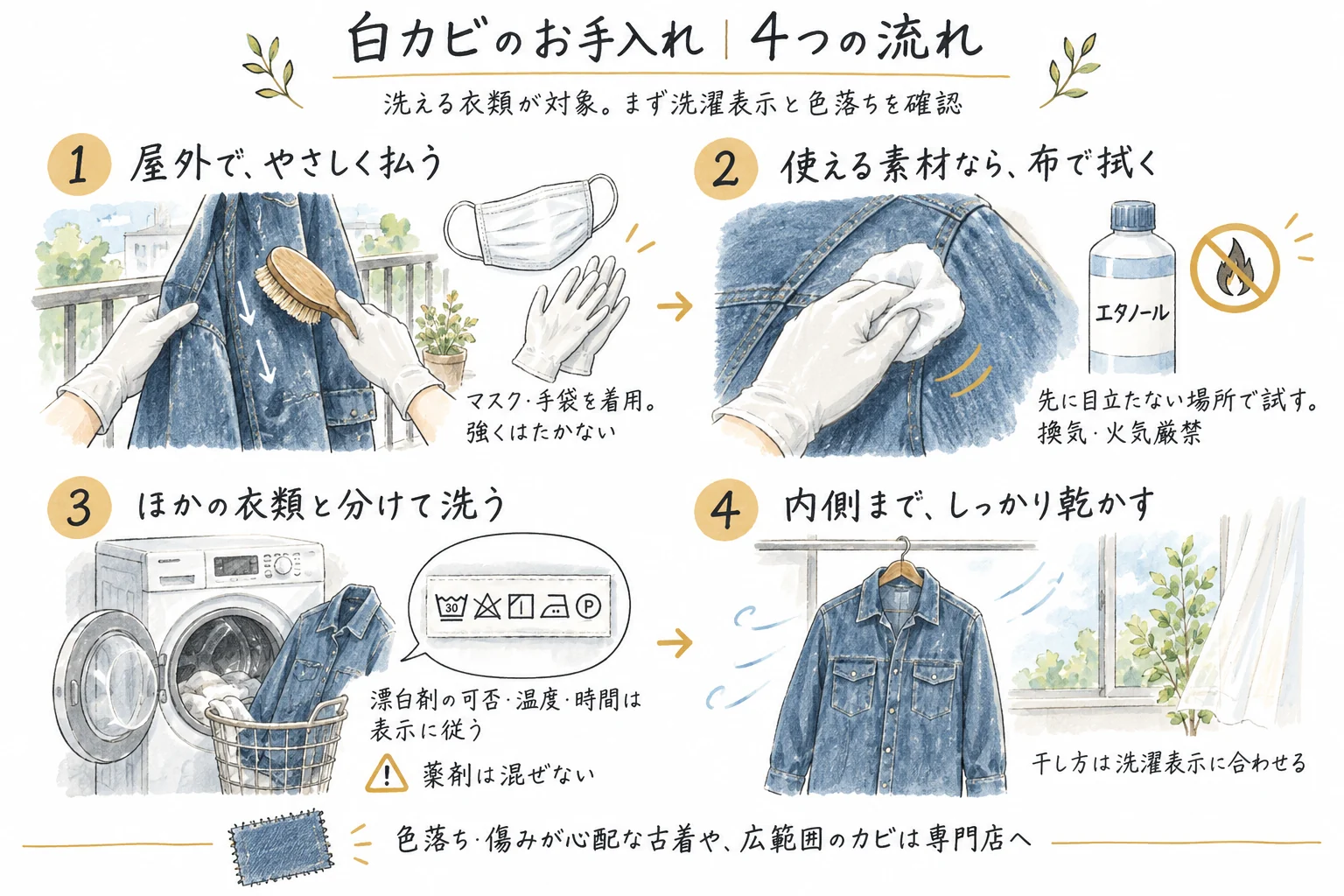 白カビのお手入れ4つの流れの図解。1は屋外でやさしく払う(マスク・手袋を着用、強くはたかない)、2は使える素材なら布で拭く(エタノールは先に目立たない場所で試し、換気と火気厳禁)、3はほかの衣類と分けて洗う(漂白剤の可否・温度・時間は表示に従い、薬剤は混ぜない)、4は内側までしっかり乾かす。色落ちや傷みが心配な古着、広範囲のカビは専門店へ