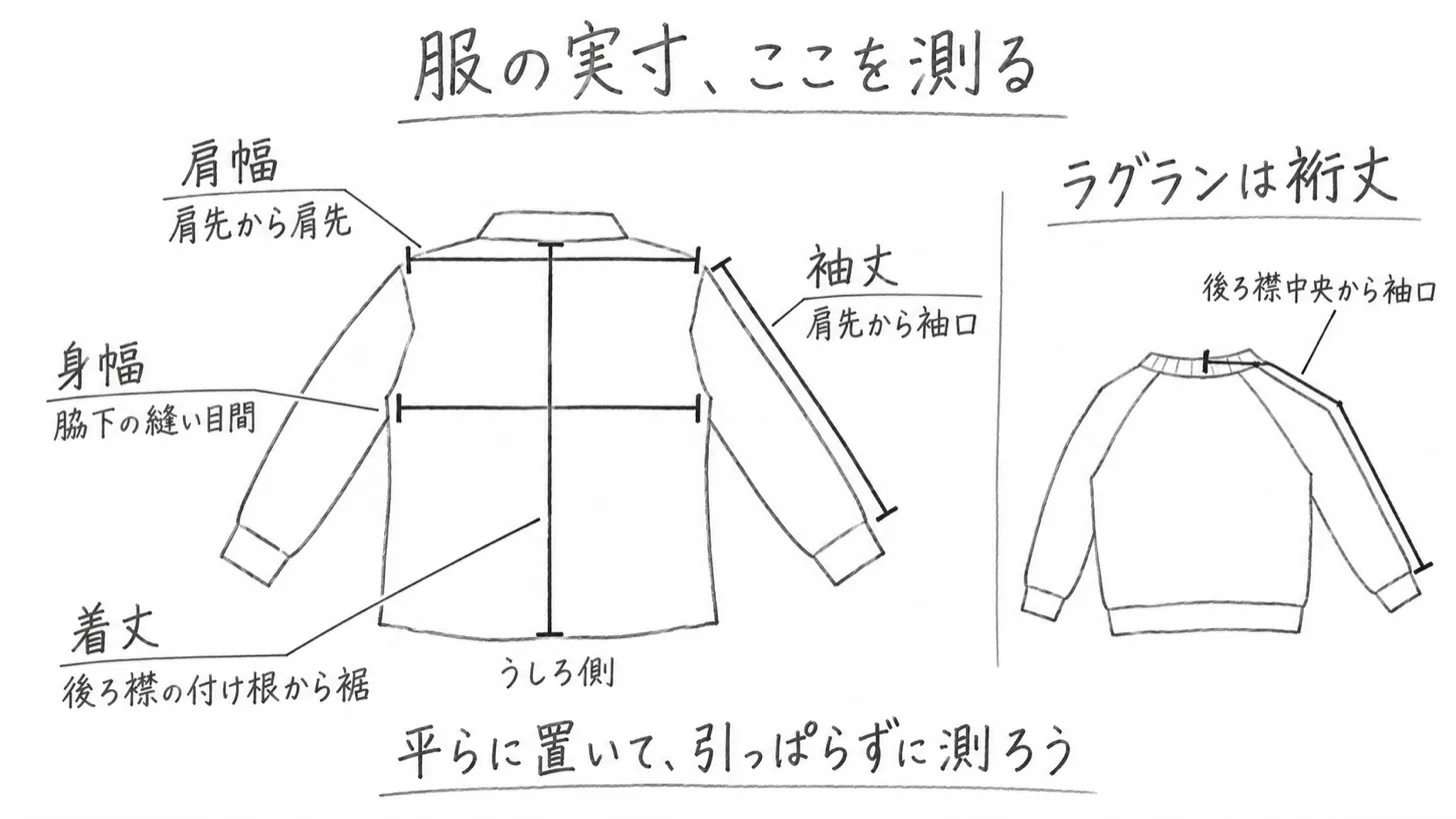 平置きにしたシャツを裏側から見て、肩幅・身幅・着丈・袖丈をどこからどこまで測るかを示した手描きの図。右側にはラグランスリーブのスウェットで、後ろ襟の中央から袖口までを測る裄丈が別に描かれている