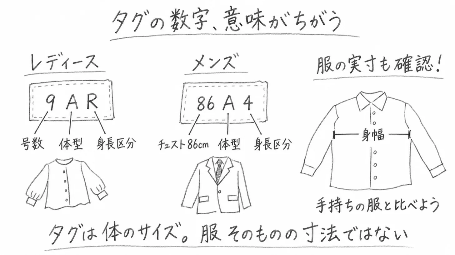レディースの9ARとメンズの86A4のタグを並べ、それぞれの数字と英字が何を指すかを矢印で示した手描きの図。右側にはシャツの身幅を測る位置が描かれている