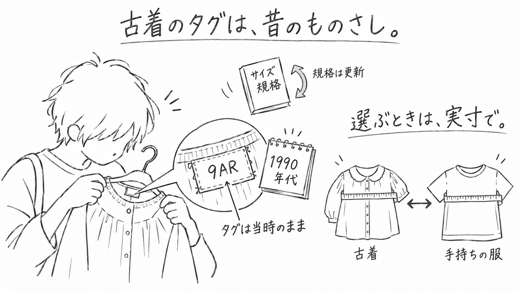古着の9ARタグは当時の規格のまま残り、規格の更新後も実寸を手持ちの服と比べて選ぶことを示した図