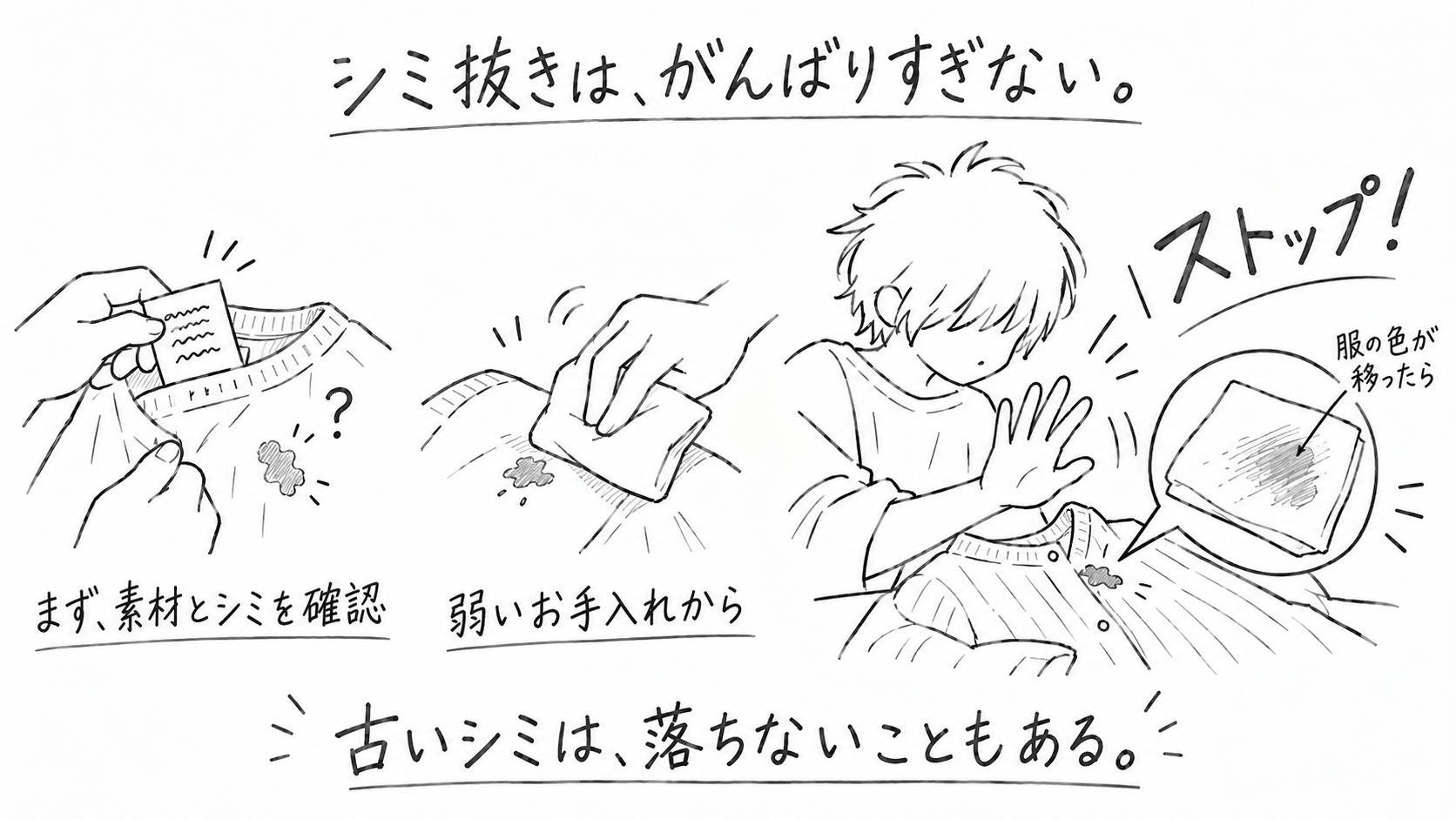 古着のシミ抜き前に素材とシミを確認し、弱いお手入れから試して色移りがあれば中止する手順を描いた図