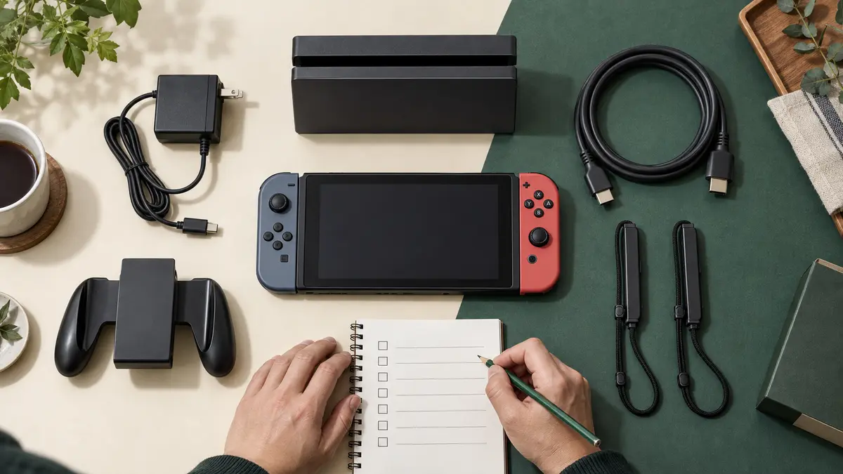 中古ゲーム機とドックやケーブルを並べて付属品を確認するイメージ
